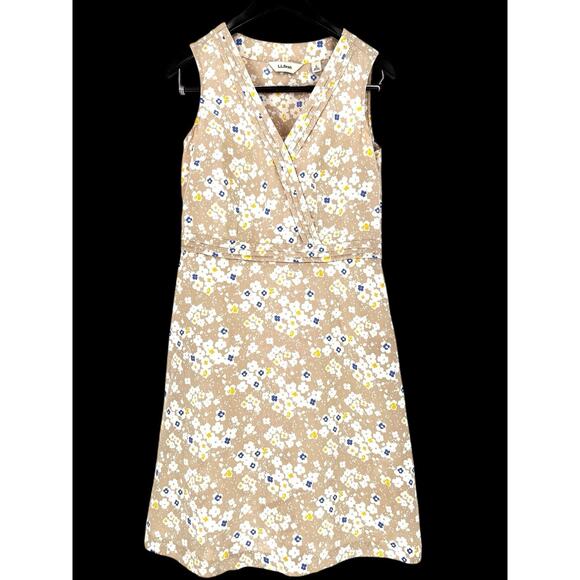 LL BEAN Women's Sleeveless V Neck Dress Linen Beige Floral Sz 6 Casual Beach - Picture 1 of 15